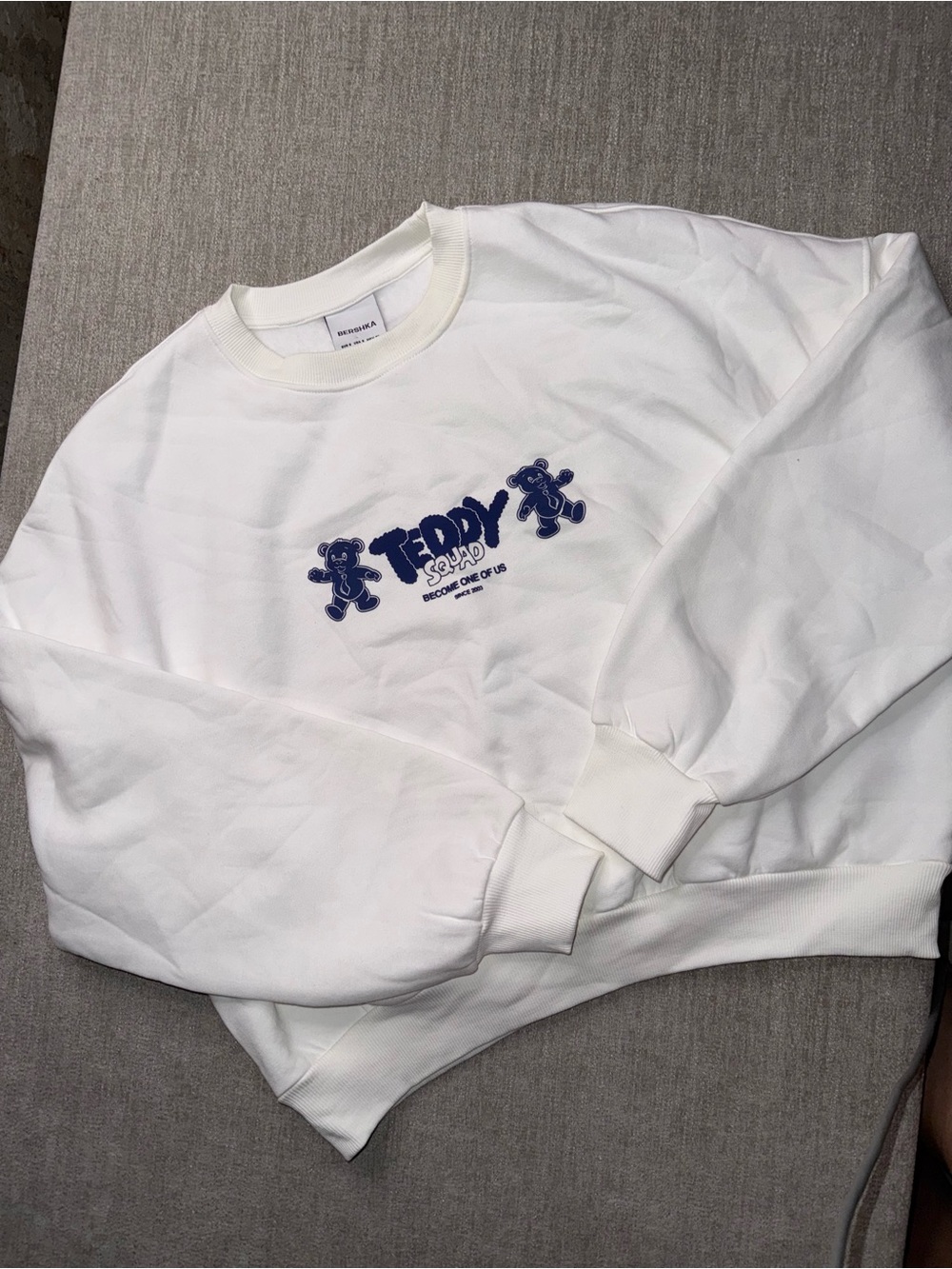 Bershka Teddy Squad Graphic Crewneck Sweatshirt White Navy Y2K